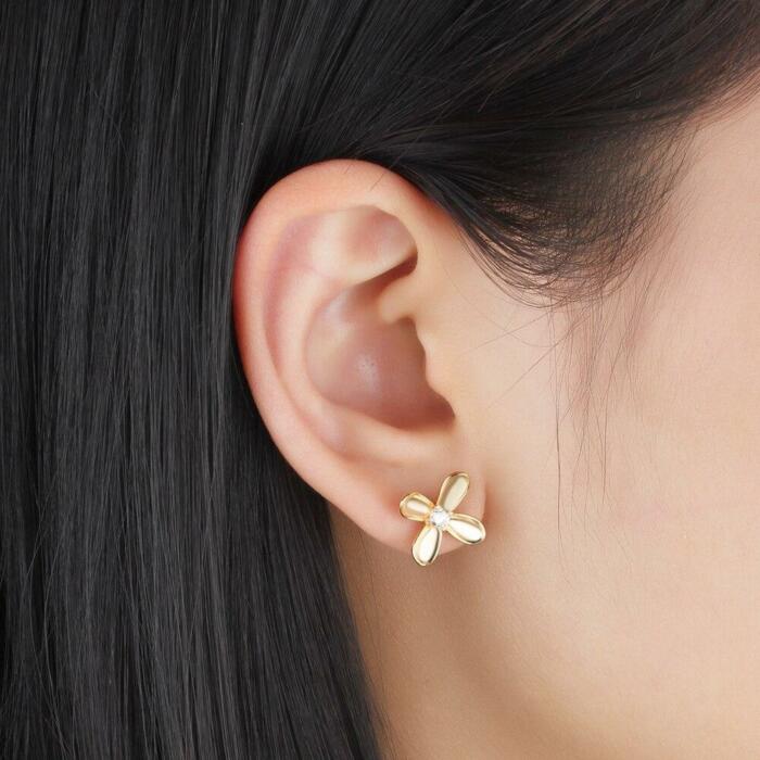 Gold Color Floral Design Earrings- Stainless Steel Stud Earrings- Cubic Zirconia Stone Stud Earring- Jewelry Gift for Her- Party Accessories for Women