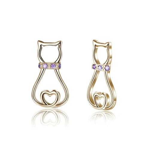 925 Silver Cat Silhouette Stud Earrings with Purple CZ Stone, Cute Cat Animal-shaped Jewelry, Trendy Fashion Gift for Women