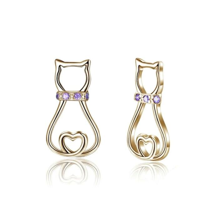 Silver Cat Silhouette Stud Earrings with Purple CZ Stone - Cute Cat Animal-shaped Jewelry