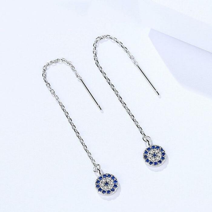 925 Sterling Silver Bicycle Tire Drop Earrings with Blue Zirconia Stones, Trendy Long Ear Piece for Women