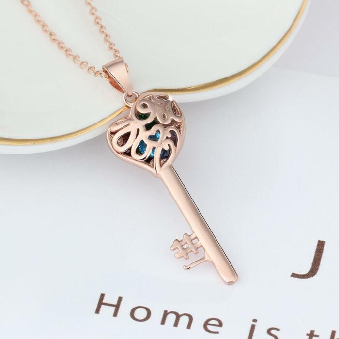 Key Shape With Birthstone Rose Gold Personalized Engrave Name Sterling Silver Pendant Necklace