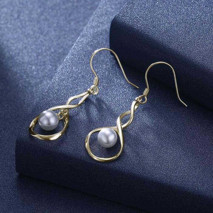 Women’s 925 Sterling Silver Drop Earrings, Golden Color with Pearl, Trendy Jewelry for Ladies