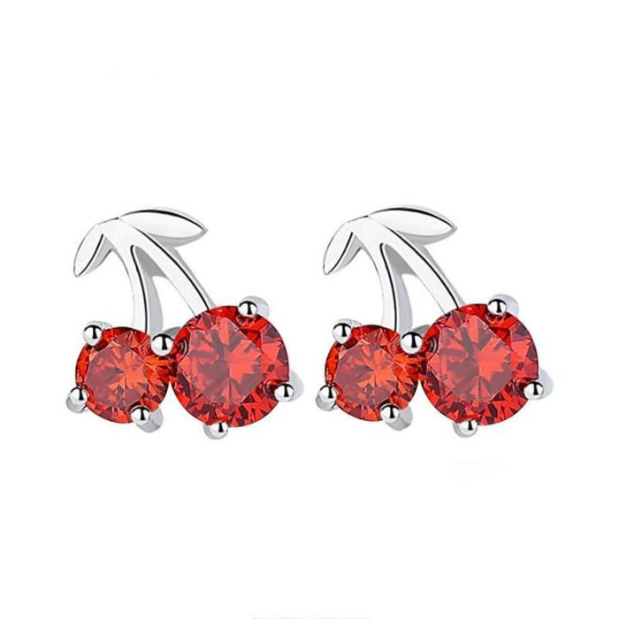 Romantic Silver Red Cherry Stud Earrings