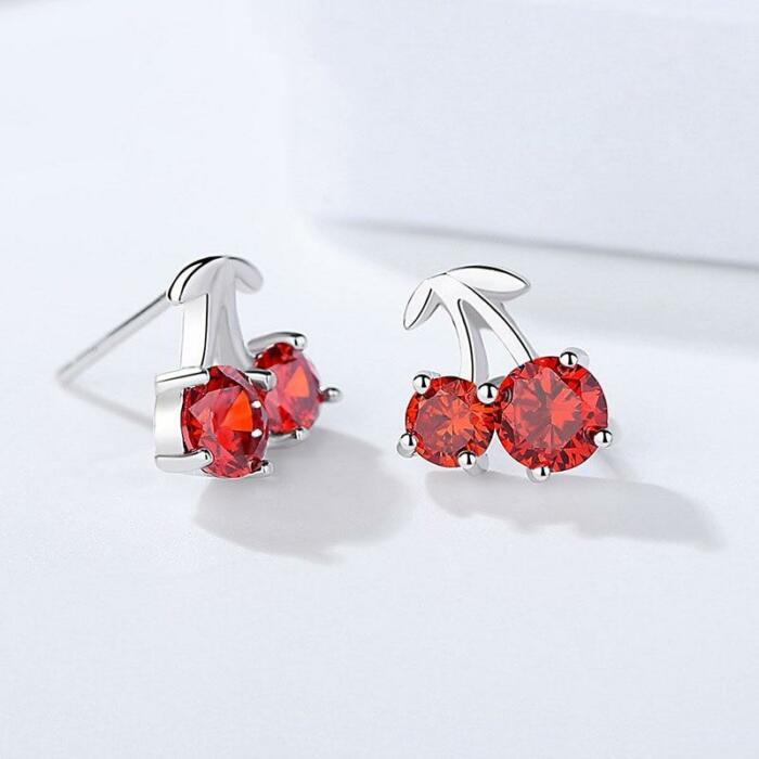 Romantic 925 Silver Red Cherry Stud Earrings for Women, Fashion Jewelry Anniversary Gift for Girls