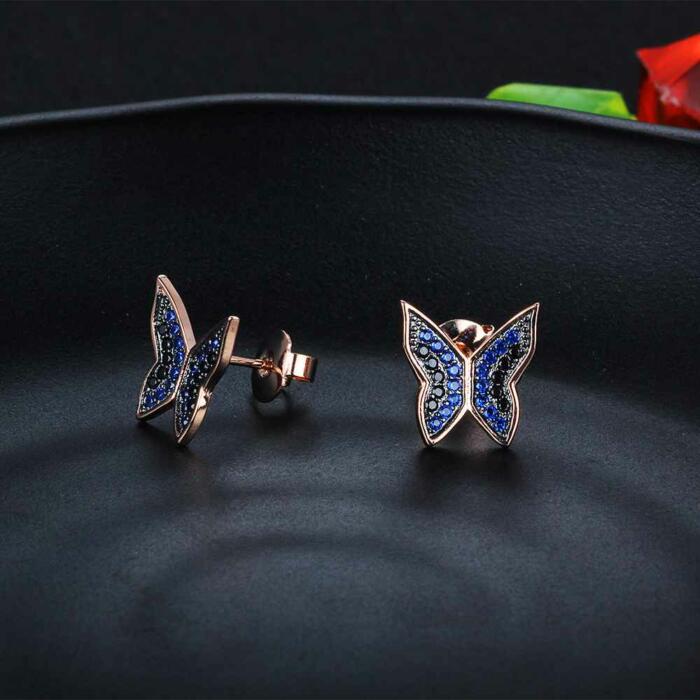 Cute 925 Silver Blue & Black CZ Butterfly Stud Earrings for Women, Best Fashion Gift Jewelry