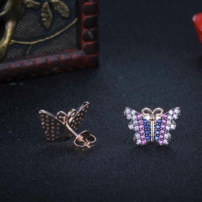 Beautiful Silver Pink Butterfly Stud Earrings