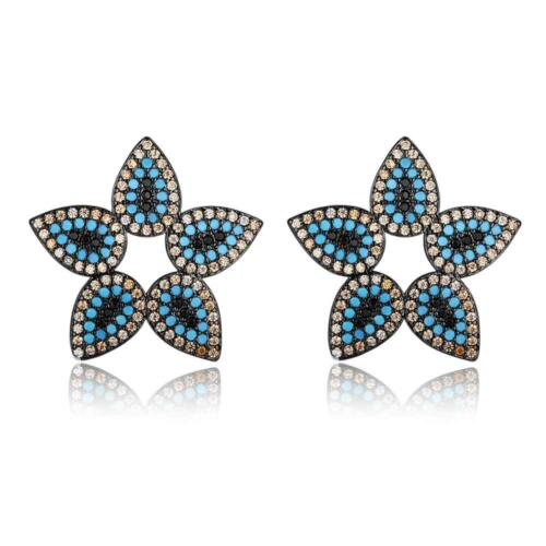 Trendy 925 Sterling Silver Blue Cubic Zirconia Flower Stud Earrings for Women, Fashion Jewelry Gift