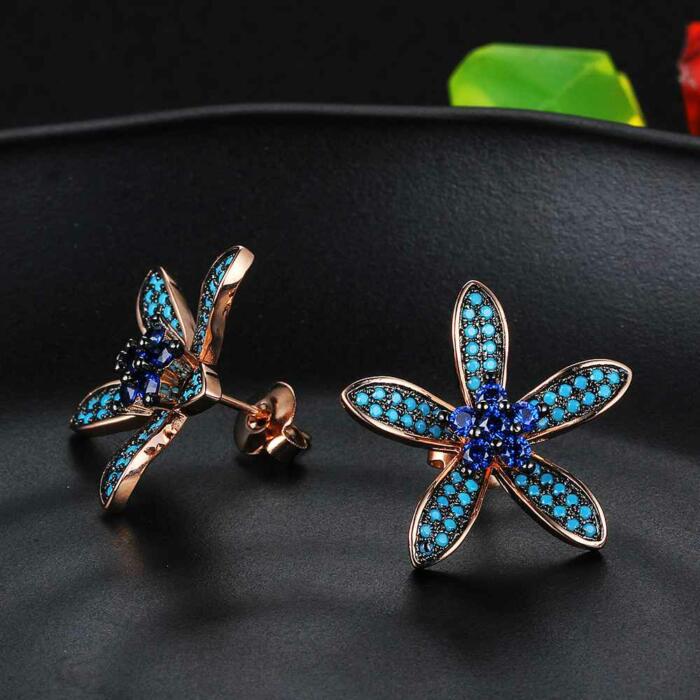 Unique 925 Silver Lilac Flower Stud Earrings with Blue Cubic Zirconia Stones, Fashion Jewelry Ear Stud, Best Gift Option for Women