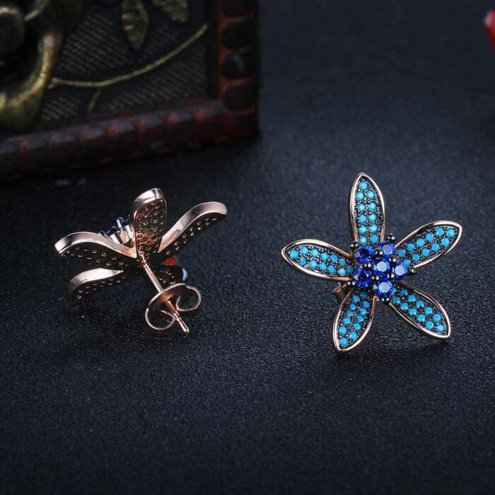 Unique Silver Lilac Flower Stud Earrings with Blue Cubic Zirconia Stones