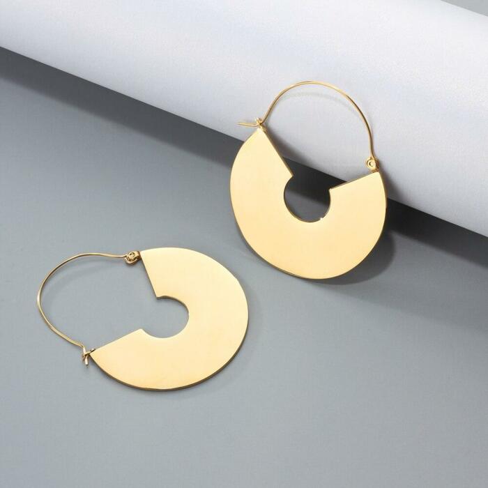 Gold-color Stainless Steel Geometric Shaped Exaggerated Hoop Earring, Party Accessorise for Women