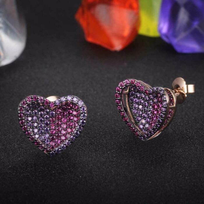 Sterling Silver Stud Earrings - Rose Red CZ Heart Earrings - Stud Earrings