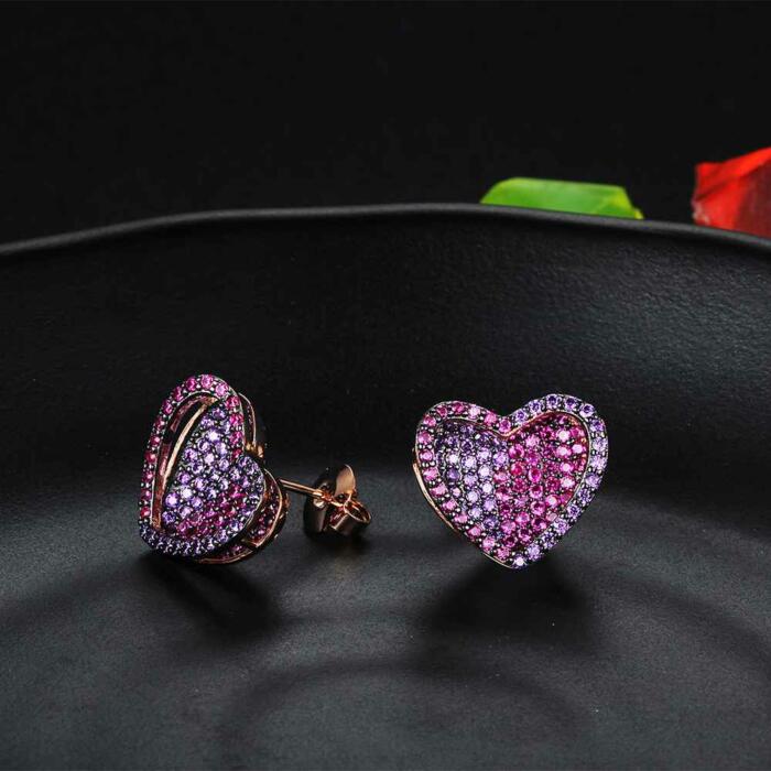Sterling Silver Stud Earrings - Rose Red CZ Heart Earrings - Stud Earrings