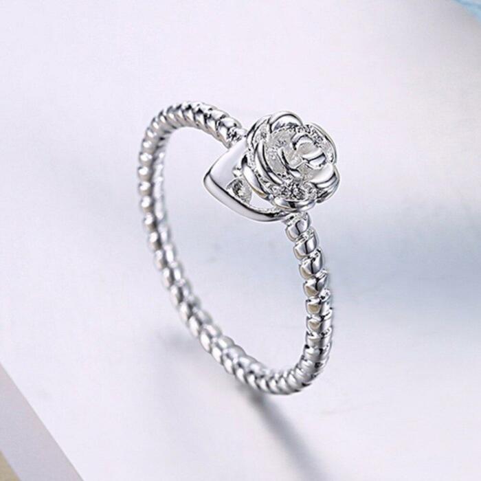 Fancy Rose Shaped Heart Ring - Classic OL Ring with Cubic Zirconia Stones