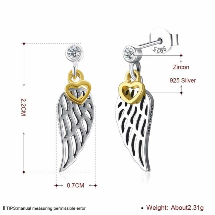 925 Sterling Silver Hollow Wing with Heart Dangling Stud Earrings, Trendy Party Jewelry for Women