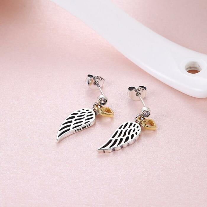 925 Sterling Silver Hollow Wing with Heart Dangling Stud Earrings, Trendy Party Jewelry for Women