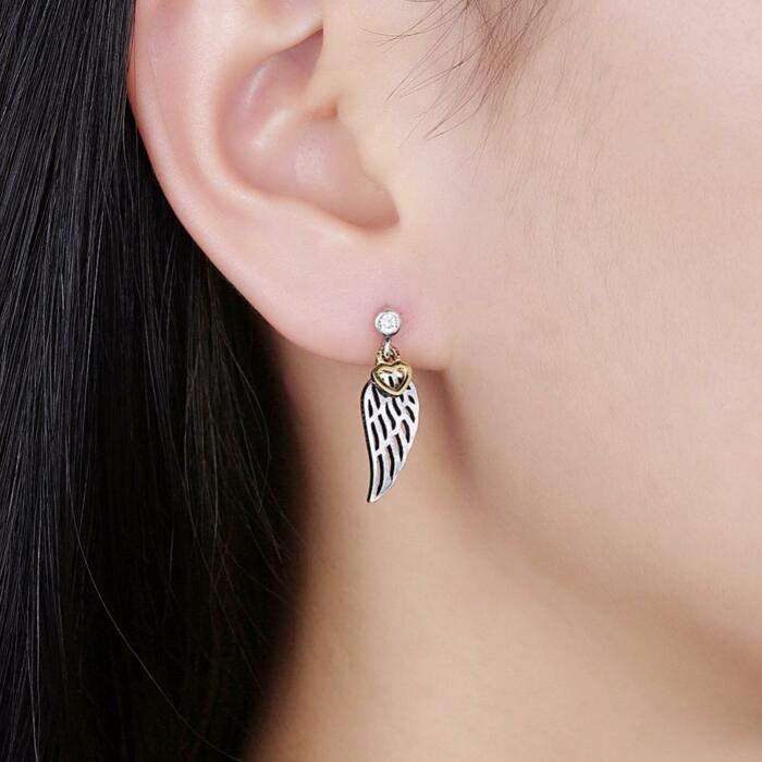 Sterling Silver Hollow Wing with Heart Dangling Stud Earrings
