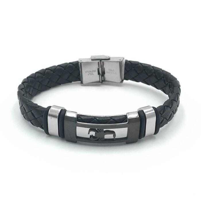 Trendy Genuine Leather Stainless Steel Bracelets for Men, Scorpio Design Plate Wristband, Jewelry Gift