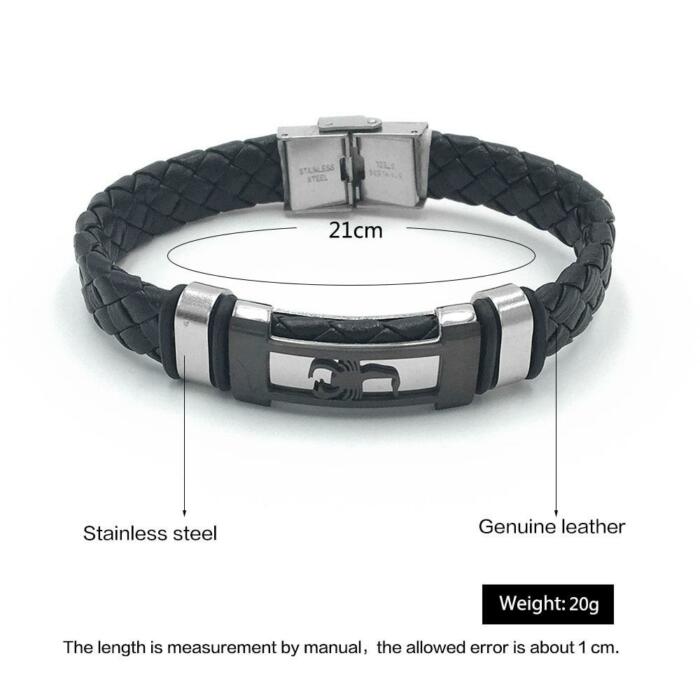 Trendy Genuine Leather Stainless Steel Bracelets for Men, Scorpio Design Plate Wristband, Jewelry Gift