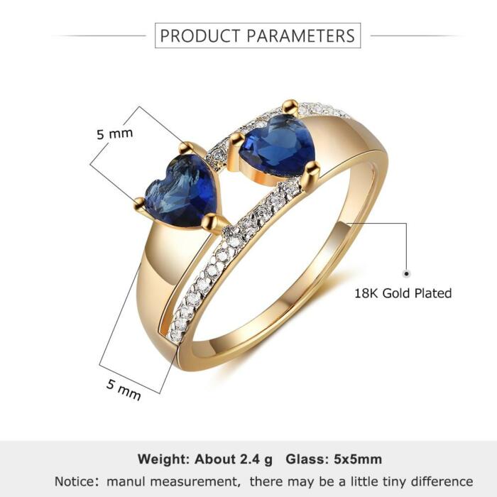 Copper Gold Blue Heart Cubic Zirconia Stone Rings, Trendy Fashion Jewelry Gift for Women
