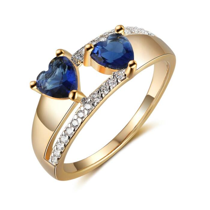 Gold Blue Heart Cubic Zirconia Stone Rings