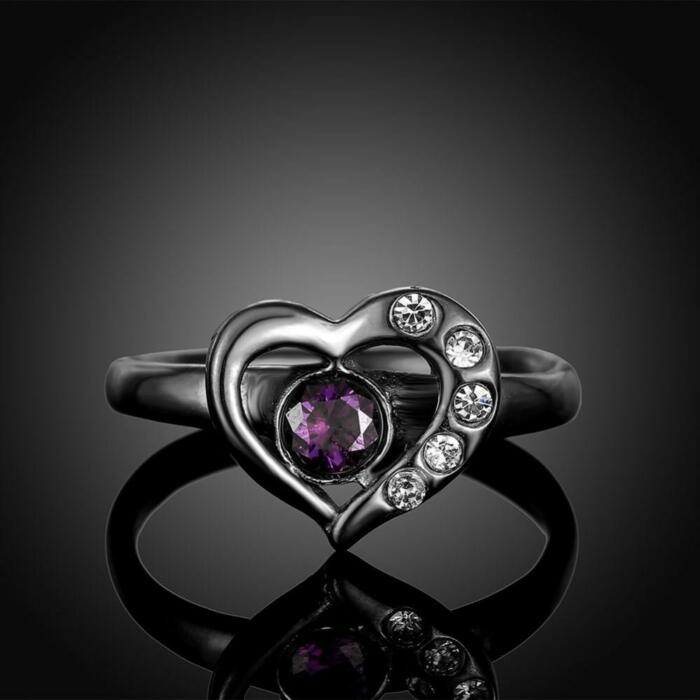 Black Titanium Steel Heart Rings for Women – Purple Cubic Zirconia – Trendy Party Jewelry Accessories