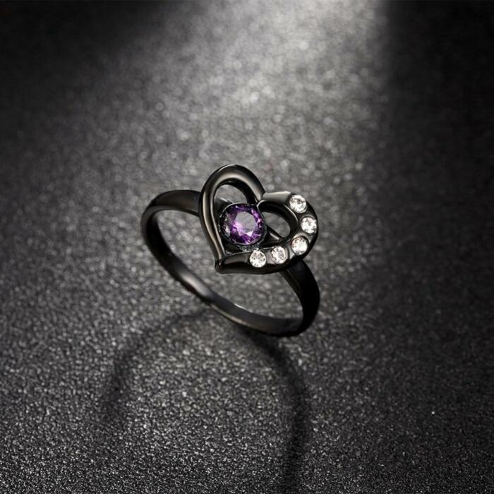 Black Titanium Steel Heart Rings for Women – Purple Cubic Zirconia – Trendy Party Jewelry Accessories