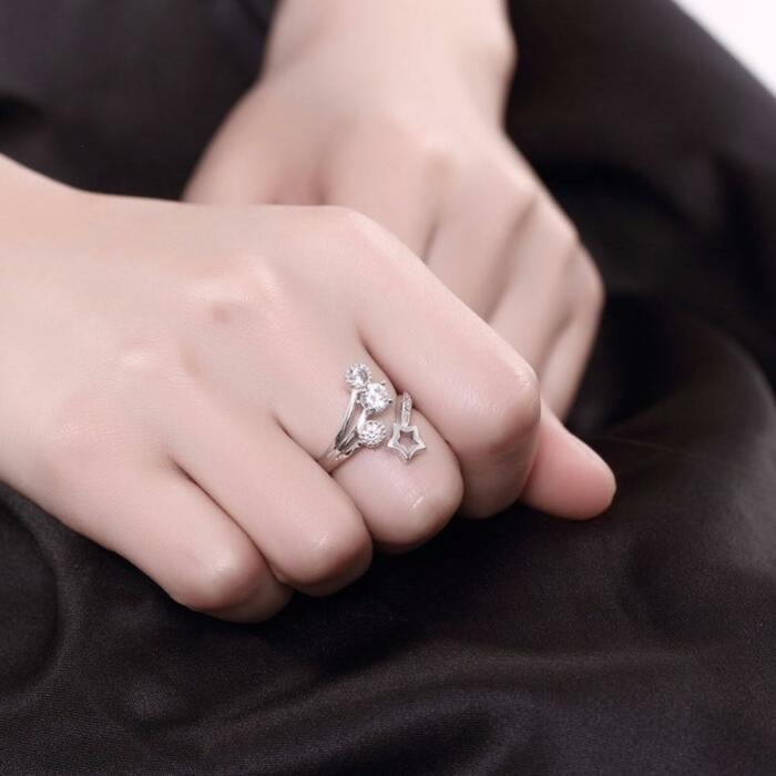 925 Sterling Silver Star Shape Adjustable Ring with Cubic Zirconia, Wedding Jewelry for Women