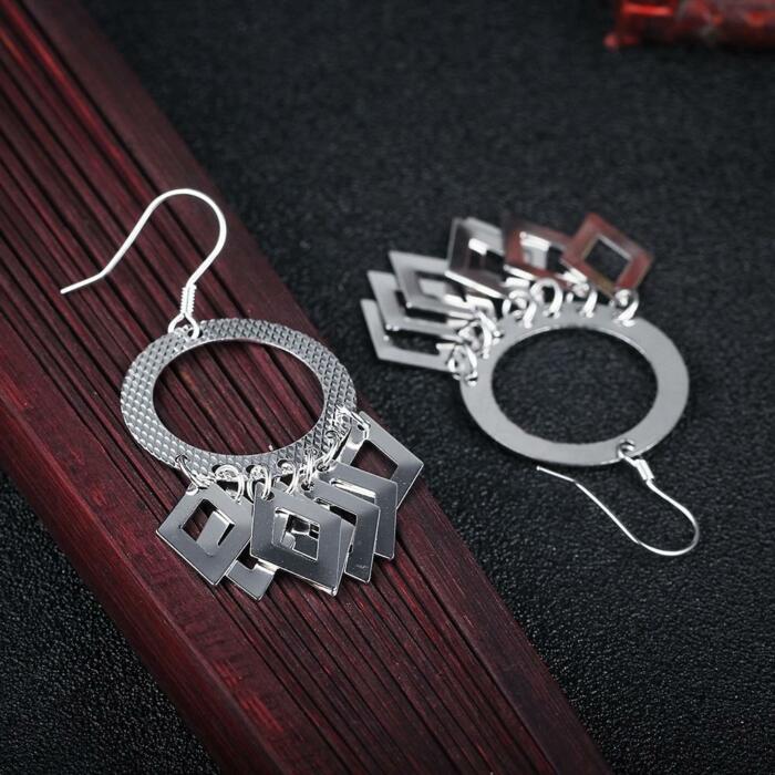 925 Sterling Silver Hollow Circle Rhombus Drop Earrings, Party Fashion Jewelry for Women