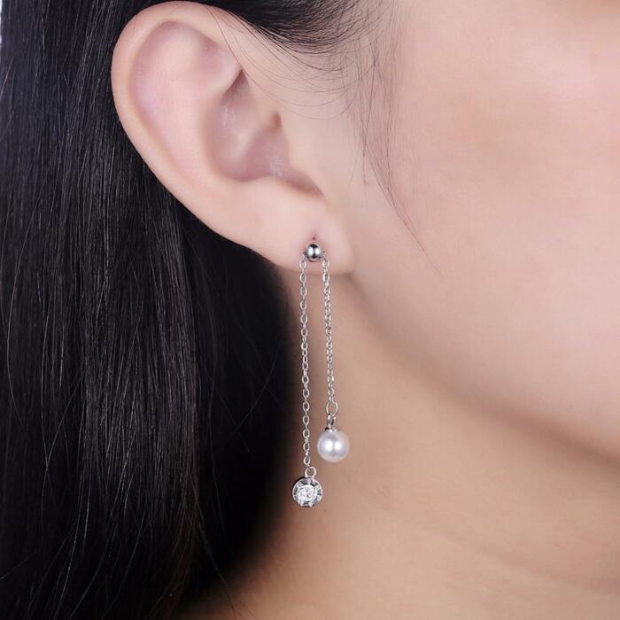 Tassel Simulated Pearl Sterling Silver Lonv Dangle Earrings