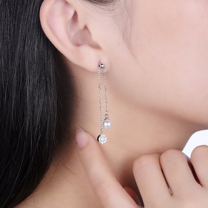 Tassel Simulated Pearl Sterling Silver Lonv Dangle Earrings