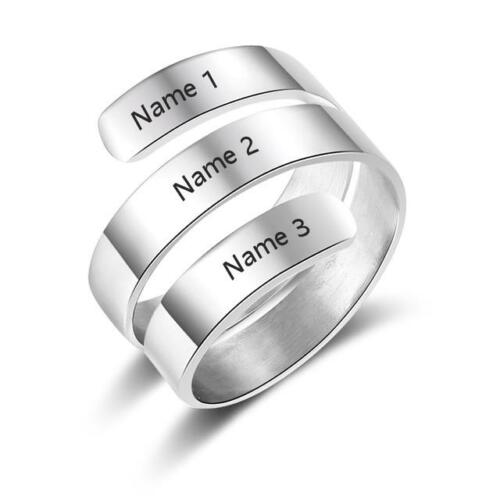 Personalized 3 Name Engraved Stainless Steel Adjustable Ring, 2 Color Options, Fashion Jewelry Gift for Women