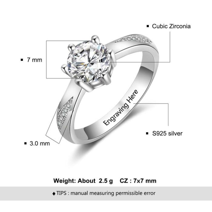 Personalized 925 Sterling Silver Classic Band, Engraved Name Engagement Rings, Customized Cubic Zirconia Studded Ring, Fashion Jewelry Gift for Women, Wedding Silver Ring Band