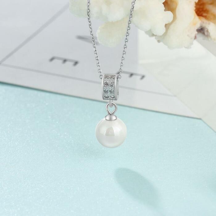 Solid 925 Sterling Silver Necklace with Simulated-Pearl Pendant, Trendy Fashion Party Jewelry for Women