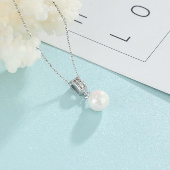 Solid 925 Sterling Silver Necklace with Simulated-Pearl Pendant, Trendy Fashion Party Jewelry for Women
