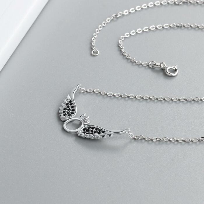 Sterling Silver Necklace with Black CZ Wing Pendants