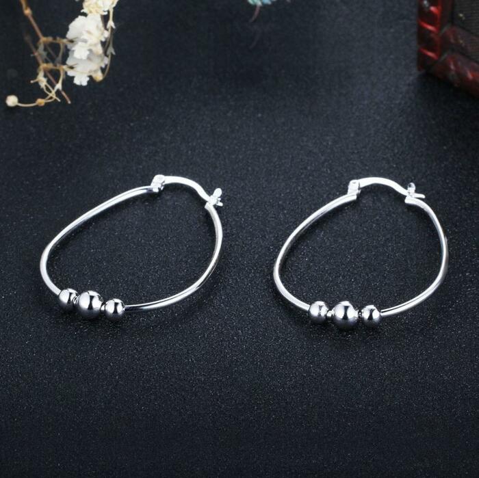 Sterling Silver Hoop Earrings - Rhodium Plated Round Earring - Big Circle with Sliding Bead Hoop Earrings - Women Fashion Jewelry - Classy Women Jewelry - Suitable For Girls Of All Ages