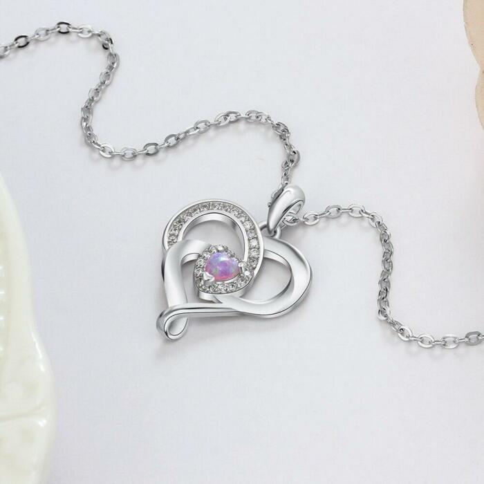 Women 925 Sterling Silver Necklace with Pink Opal Stone Heart Design Pendant, Party Jewelry