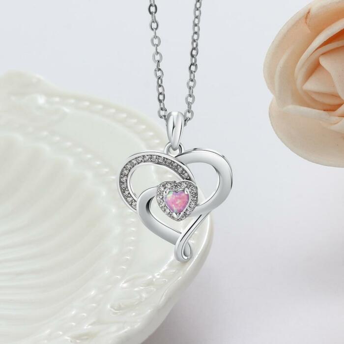 Women Sterling Silver Necklace with Pink Opal Stone Heart Design Pendant