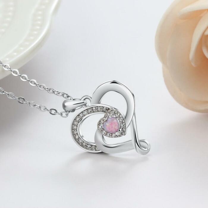 Women Sterling Silver Necklace with Pink Opal Stone Heart Design Pendant