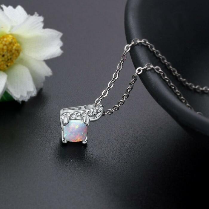 Women Sterling Silver Necklace with Office Lady Style Opal Stone Pendant
