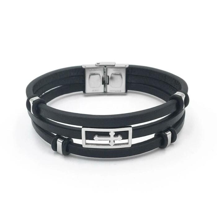 Trendy Genuine Leather Stainless Steel Holy Cross Bracelets for Men, Triple Layer Wristband, Anniversary Jewelry Gift