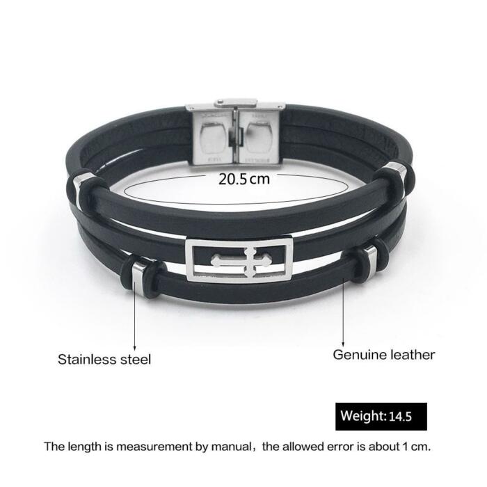 Trendy Genuine Leather Stainless Steel Holy Cross Bracelets for Men, Triple Layer Wristband, Anniversary Jewelry Gift