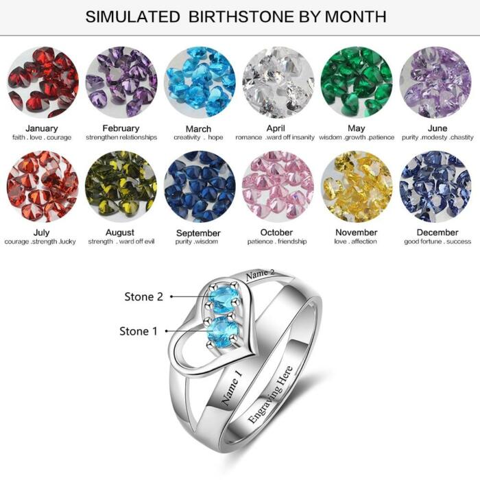 Personalized Engrave Names and Birthstone Heart Shape Ring