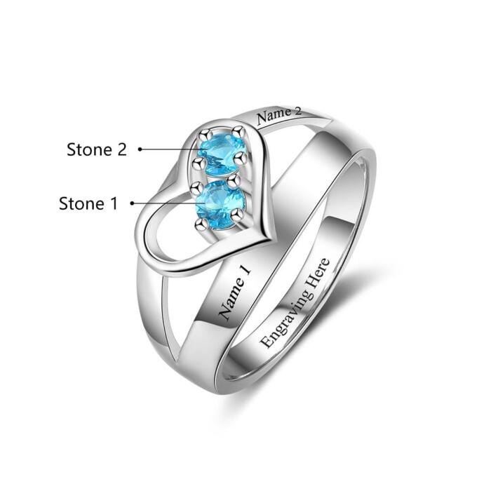 Personalized Engrave Names and Birthstone Fashion Heart Shape Ring, Jewelry Gift for Women