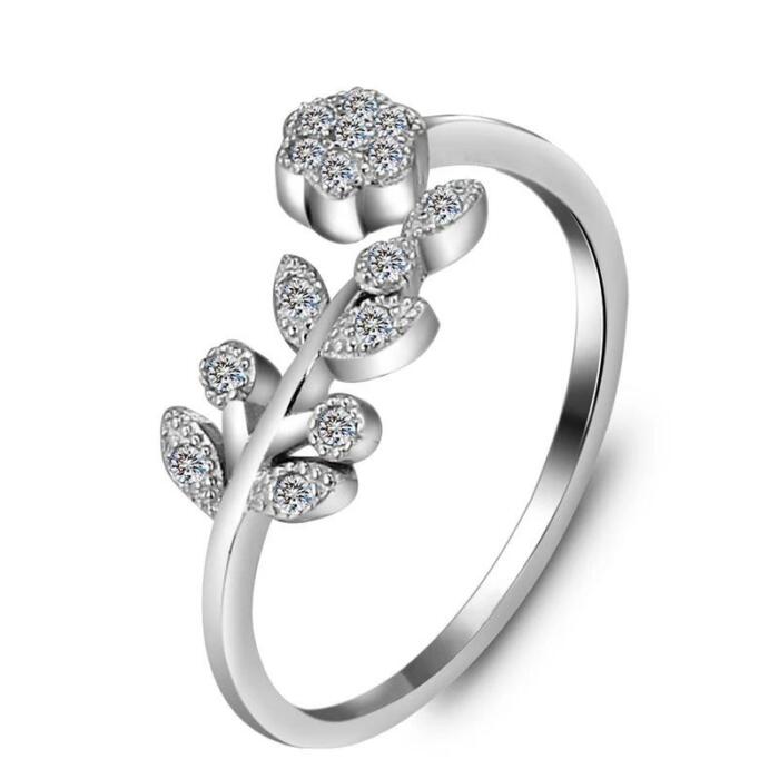 Flower & Leaves Silver Ring - Adjustable Cuff Ring - Open Cuff Knuckle Rings