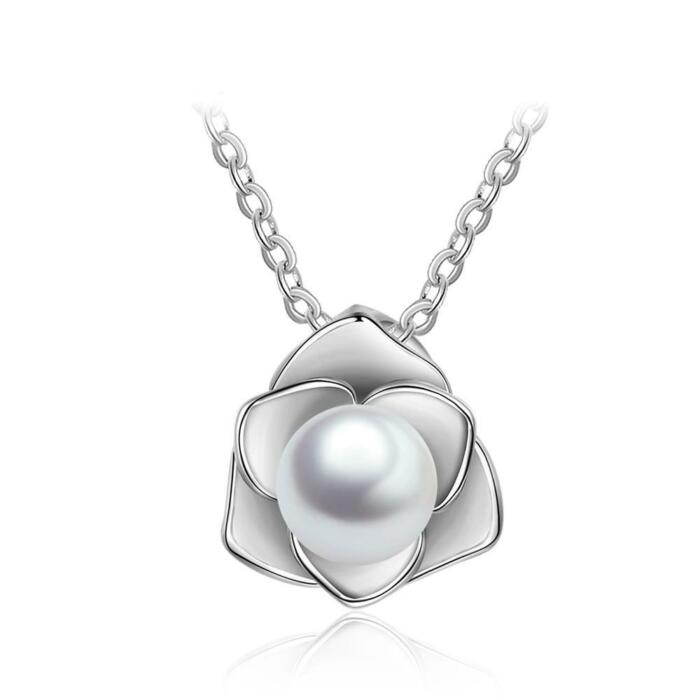 Sterling Silver Rose Shape Pearl Pendant Necklace, Fashion Jewelry Gift for Women