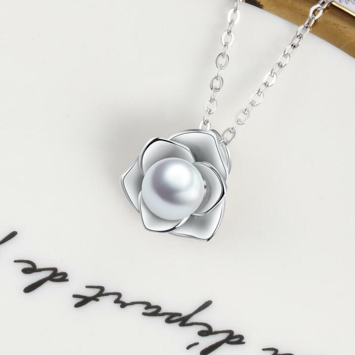 Sterling Silver Rose Shape Pearl Pendant Necklace, Fashion Jewelry Gift for Women