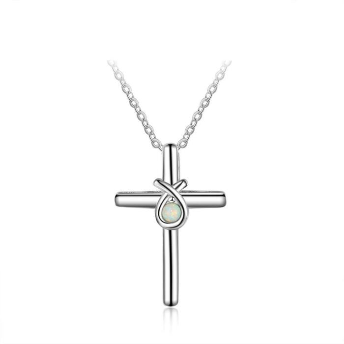 925 Sterling Silver Cross Shape with White Opal Stone Pendant Necklaces for Women