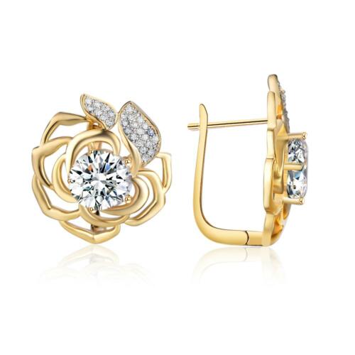 Gold Hoop Earrings - Romantic Flower Jewelry - Cubic Zirconia Stud Earrings