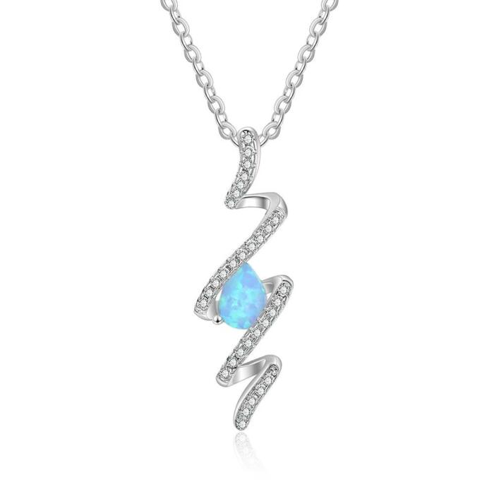 Sterling Silver Geometric Necklace with Ribbon Shape Twist Blue Opal Pendant